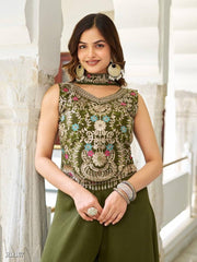 Olive Green Embroidered Blouse and Palazzo Set with Dupatta for Festive Wear