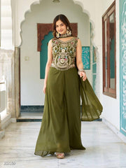 Olive Green Embroidered Blouse and Palazzo Set with Dupatta for Festive Wear