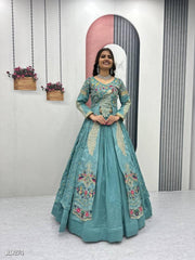Women Embroidered Teal Lehenga Choli Set