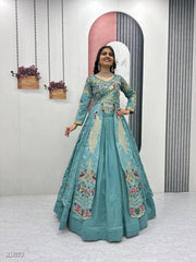 Women Embroidered Teal Lehenga Choli Set