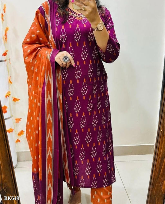 New straight kurta 3 pcs set with new style in machin print