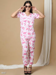 Pink Floral Ridaa Floral Print Cotton Co-ord Set For Wome