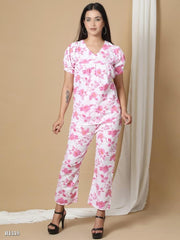 Pink Floral Ridaa Floral Print Cotton Co-ord Set For Wome