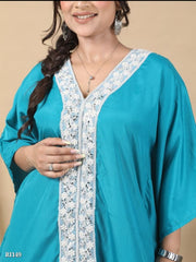 Sky Blue Ridaa Loungewear Women Crepe V-neck Solid Kaftan Kurta With Pant Set For Women