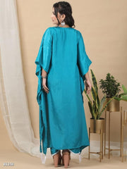 Sky Blue Ridaa Loungewear Women Crepe V-neck Solid Kaftan Kurta With Pant Set For Women