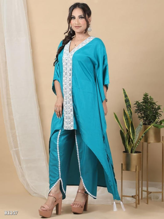 Sky Blue Ridaa Loungewear Women Crepe V-neck Solid Kaftan Kurta With Pant Set For Women
