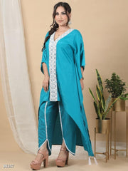 Sky Blue Ridaa Loungewear Women Crepe V-neck Solid Kaftan Kurta With Pant Set For Women