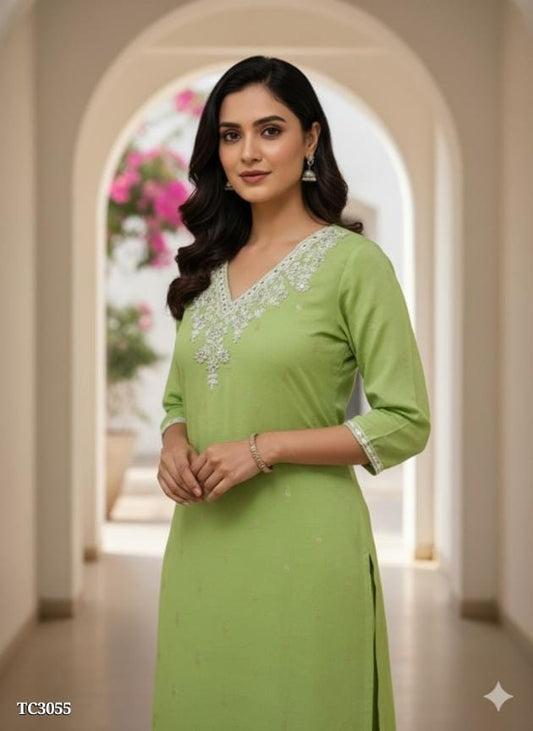 Festive Cotton Blend Kurti with V Neck – S