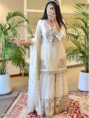 Womens Elegant White Silk Embroidered Kurta Sharara Set with Dupatta Traditional Festive Ethnic Wear_Off-White*