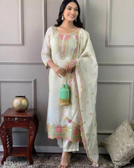 Embroidered Cotton Salwar Suit Set, Off-White with Pink and Gold Embellishments, Long Sleeves, Ethnic Indian Wear*