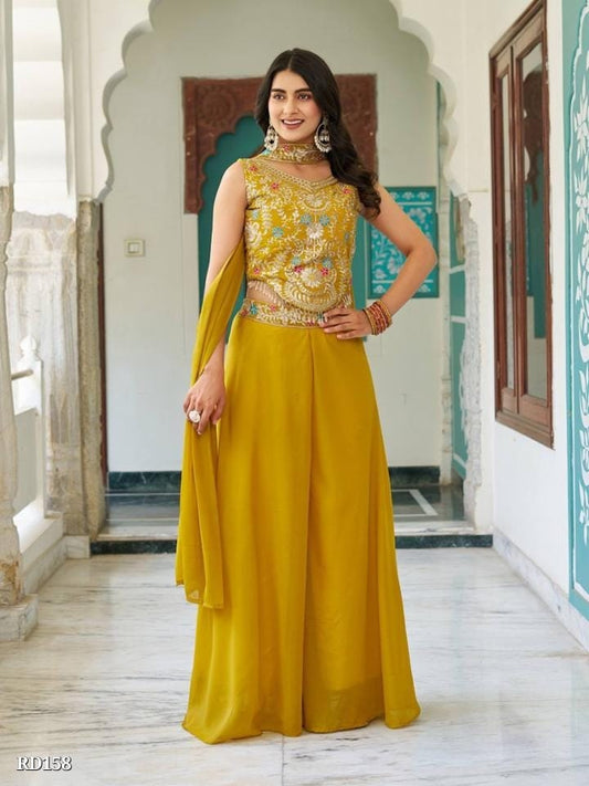 Mustard Yellow Embroidered Blouse and Palazzo Set for Haldi or Festive