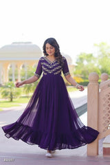 Floral Royal Purple Embroidered Georgette Anarkali Gown for Festive and Party*
