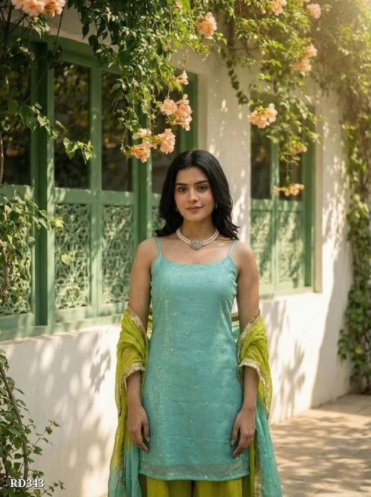 Women Solid Sea Green Kurta with Lime Green Palazzo & Dupatta Set