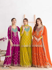 Chinon Silk Embroidered Suit Set With Palazzo And Dupatta For Lehengas & Shararas