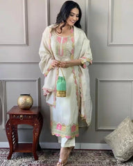 Embroidered Cotton Salwar Suit Set, Off-White with Pink and Gold Embellishments, Long Sleeves, Ethnic Indian Wear*