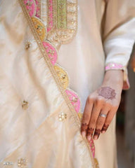 Embroidered Cotton Salwar Suit Set, Off-White with Pink and Gold Embellishments, Long Sleeves, Ethnic Indian Wear*