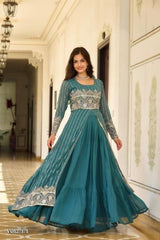 Embroidered Fox Georgette Gown with Lehenga, Choli and Shrug for Festivals