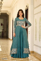 Embroidered Fox Georgette Gown with Lehenga, Choli and Shrug for Festivals