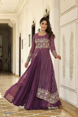 Embroidered Fox Georgette Gown with Lehenga, Choli and Shrug for Festivals