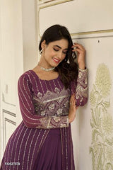 Embroidered Fox Georgette Gown with Lehenga, Choli and Shrug for Festivals