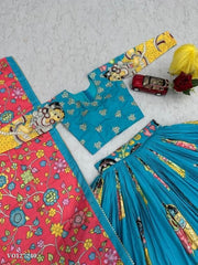 Kalamkari Embroidered Riyon Cotton Lehenga Choli Set with Dupatta