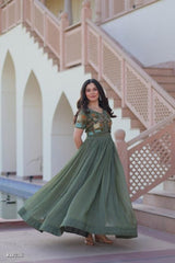 Olive Green Embroidered Anarkali Gown