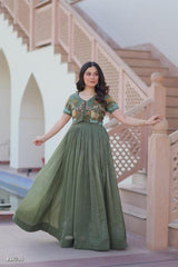 Olive Green Embroidered Anarkali Gown