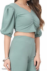 Women’s Puff Sleeve Crop Top & Wide Leg Pant Co-Ord Set