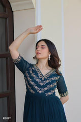 Rajkanika Teal Blue Embroidered Georgette Anarkali Gown