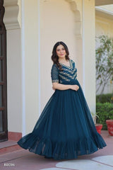 Rajkanika Teal Blue Embroidered Georgette Anarkali Gown