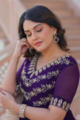 Floral Royal Purple Embroidered Georgette Anarkali Gown for Festive and Party*