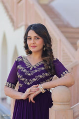 Floral Royal Purple Embroidered Georgette Anarkali Gown for Festive and Party*