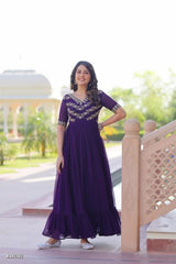 Floral Royal Purple Embroidered Georgette Anarkali Gown for Festive and Party*