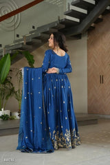 Royal Blue Embroidered Georgette Anarkali Gown with Dupatta*