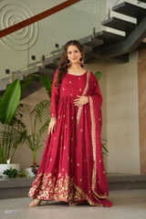 Wine Red Georgette Embroidered Anarkali Gown with Dupatta