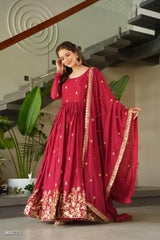 Wine Red Georgette Embroidered Anarkali Gown with Dupatta