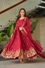 Wine Red Georgette Embroidered Anarkali Gown with Dupatta