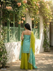 Women Solid Sea Green Kurta with Lime Green Palazzo & Dupatta Set