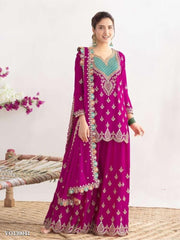 Chinon Silk Embroidered Suit Set With Palazzo And Dupatta For Lehengas & Shararas