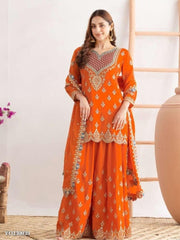 Chinon Silk Embroidered Suit Set With Palazzo And Dupatta For Lehengas & Shararas