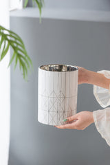 White & Silver Geometric Ceramic Planter, Available in 2 Sizes