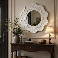 Round Cream Flower Wall Mirror with Wavy Frame for Decorative Home