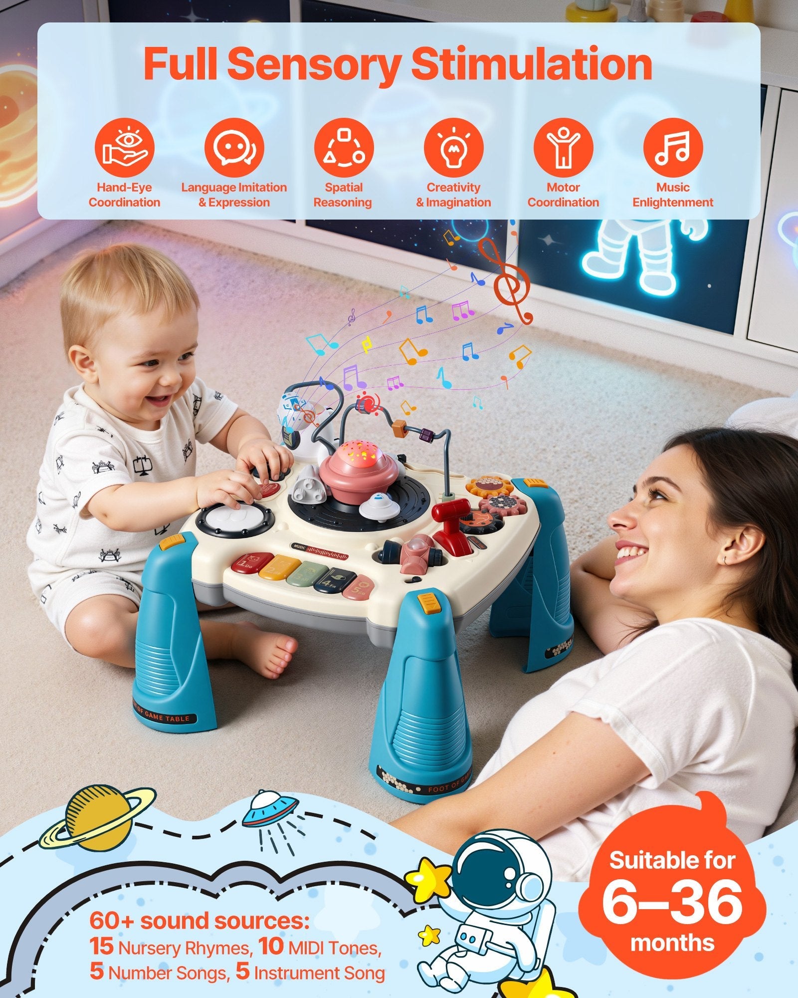 Baby Spacecraft Musical Table Toys For 1-3 Years Old, Learning