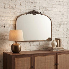 Wide French Baroque Arched Wall Mirror with Ornate Metal Frame for
