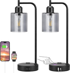 3-Way Dimmable USB Table Lamps With Gray Glass Shade Pair