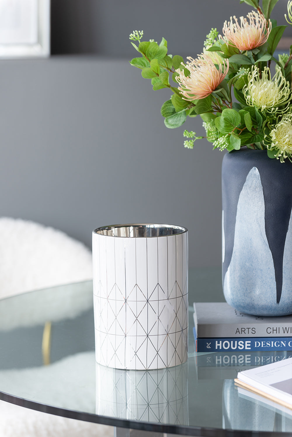 White & Silver Geometric Ceramic Planter, Available in 2 Sizes