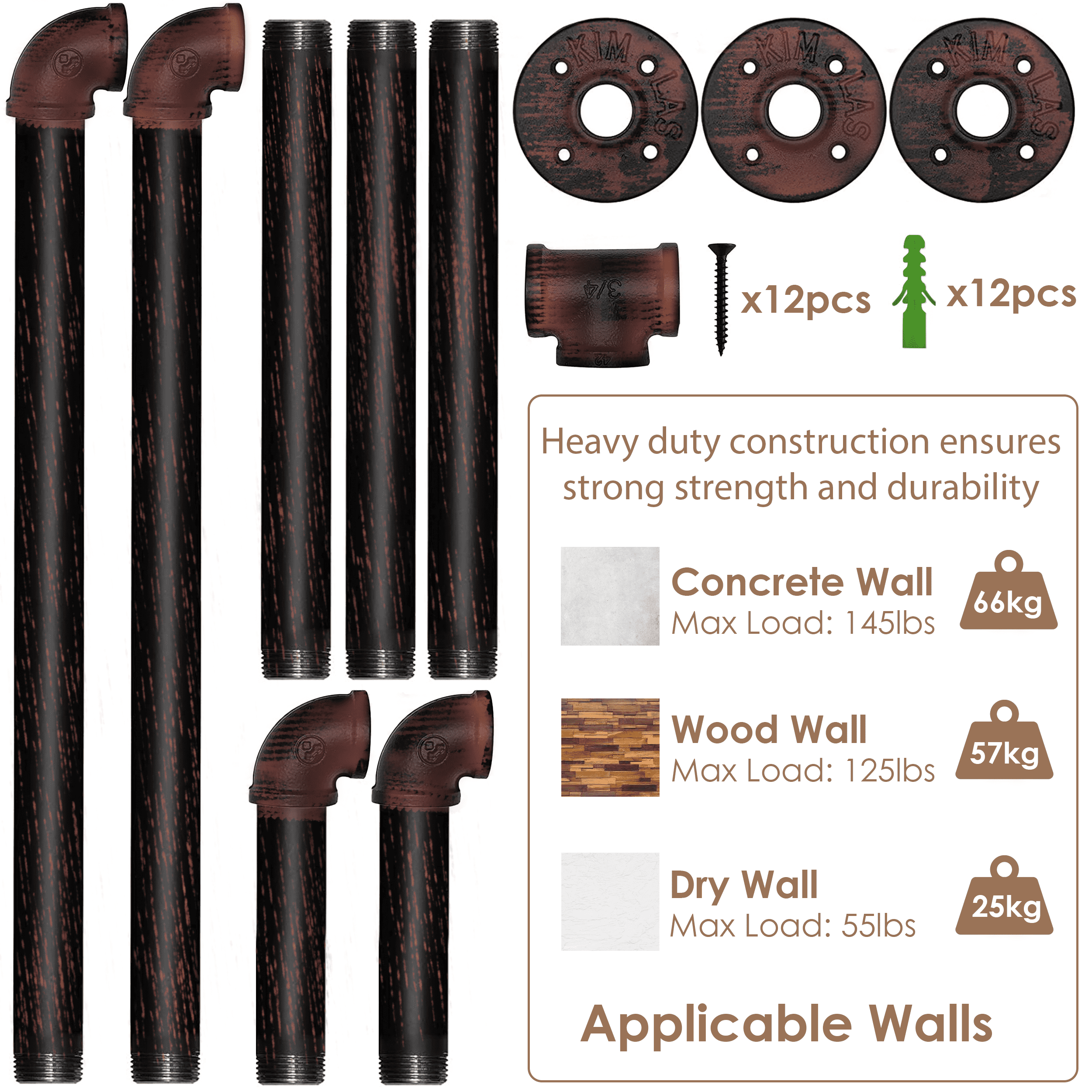 (39in - Black Brush Red Coper) Industrial Pipe Clothing Rack, Wall