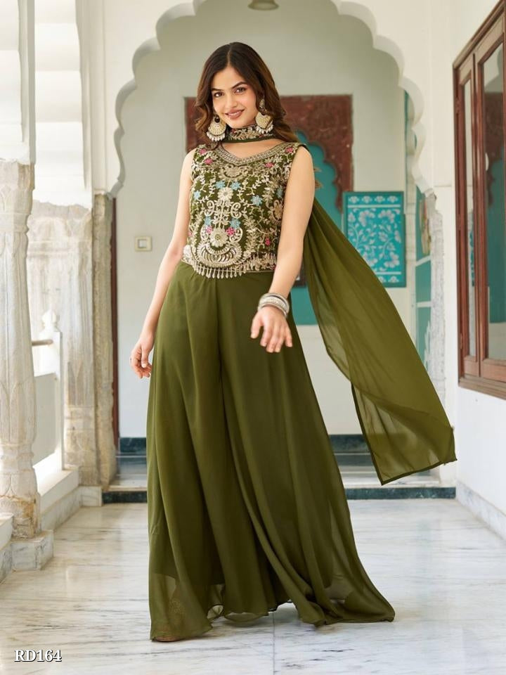 Olive Green Embroidered Blouse and Palazzo Set with Dupatta for Festive Wear