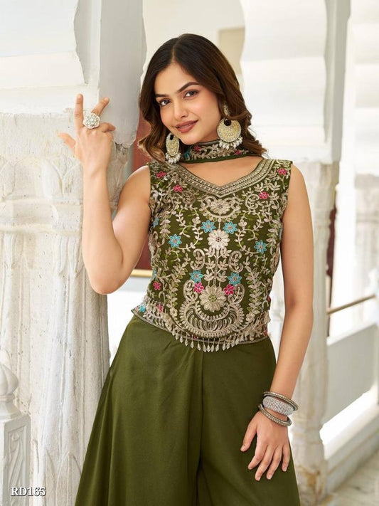 Olive Green Embroidered Blouse and Palazzo Set with Dupatta for Festive Wear