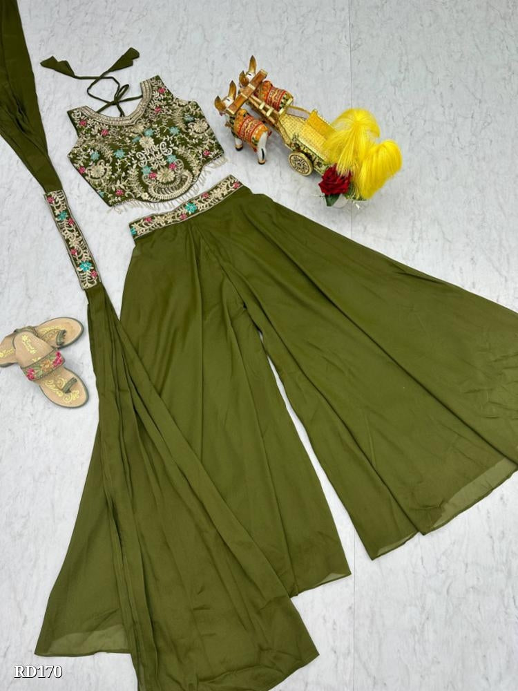 Olive Green Embroidered Blouse and Palazzo Set with Dupatta for Festive Wear